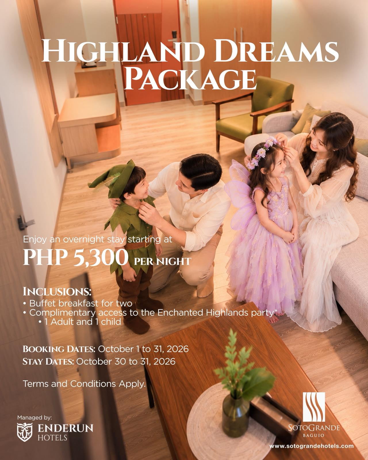 Rainy Days, Warm Stays hotel promo at SotoGrande Baguio featuring a couple enjoying hot chocolate