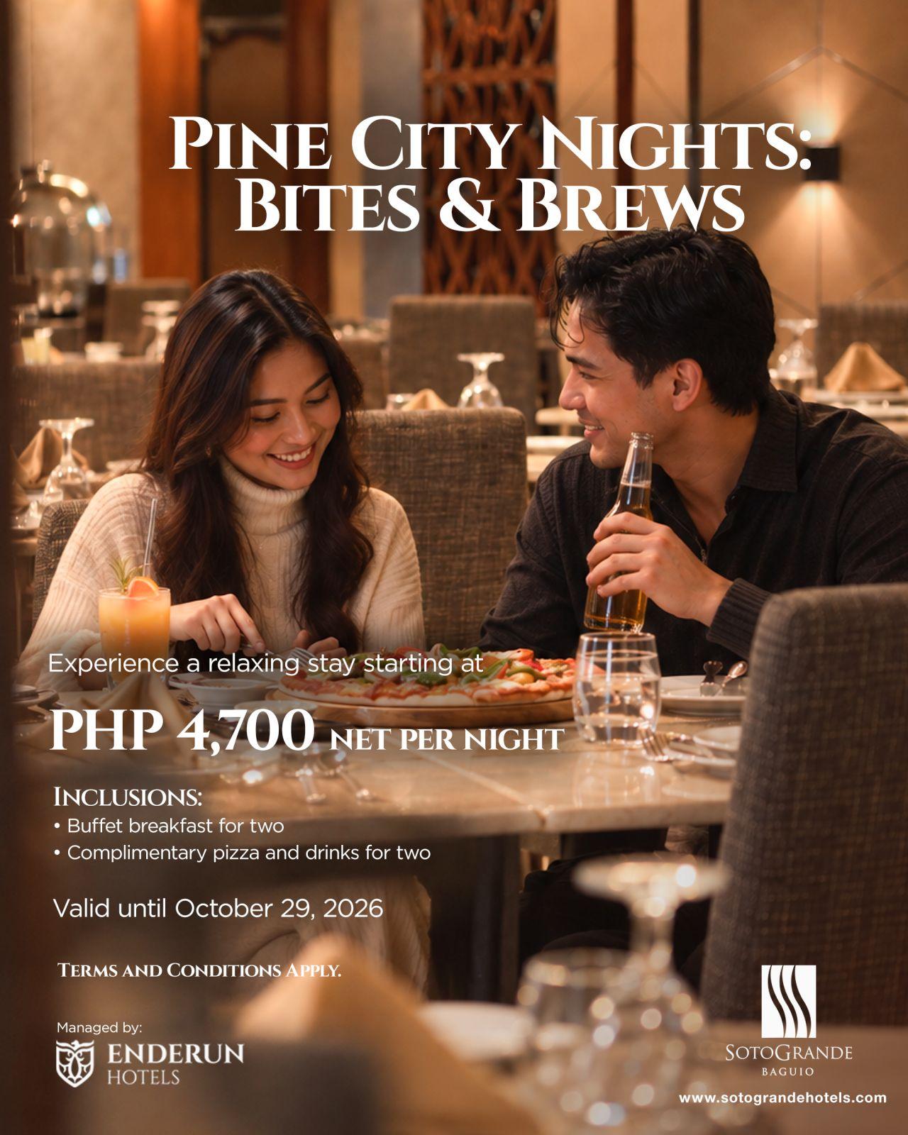 Rainy Days, Warm Stays hotel promo at SotoGrande Baguio featuring a couple enjoying hot chocolate