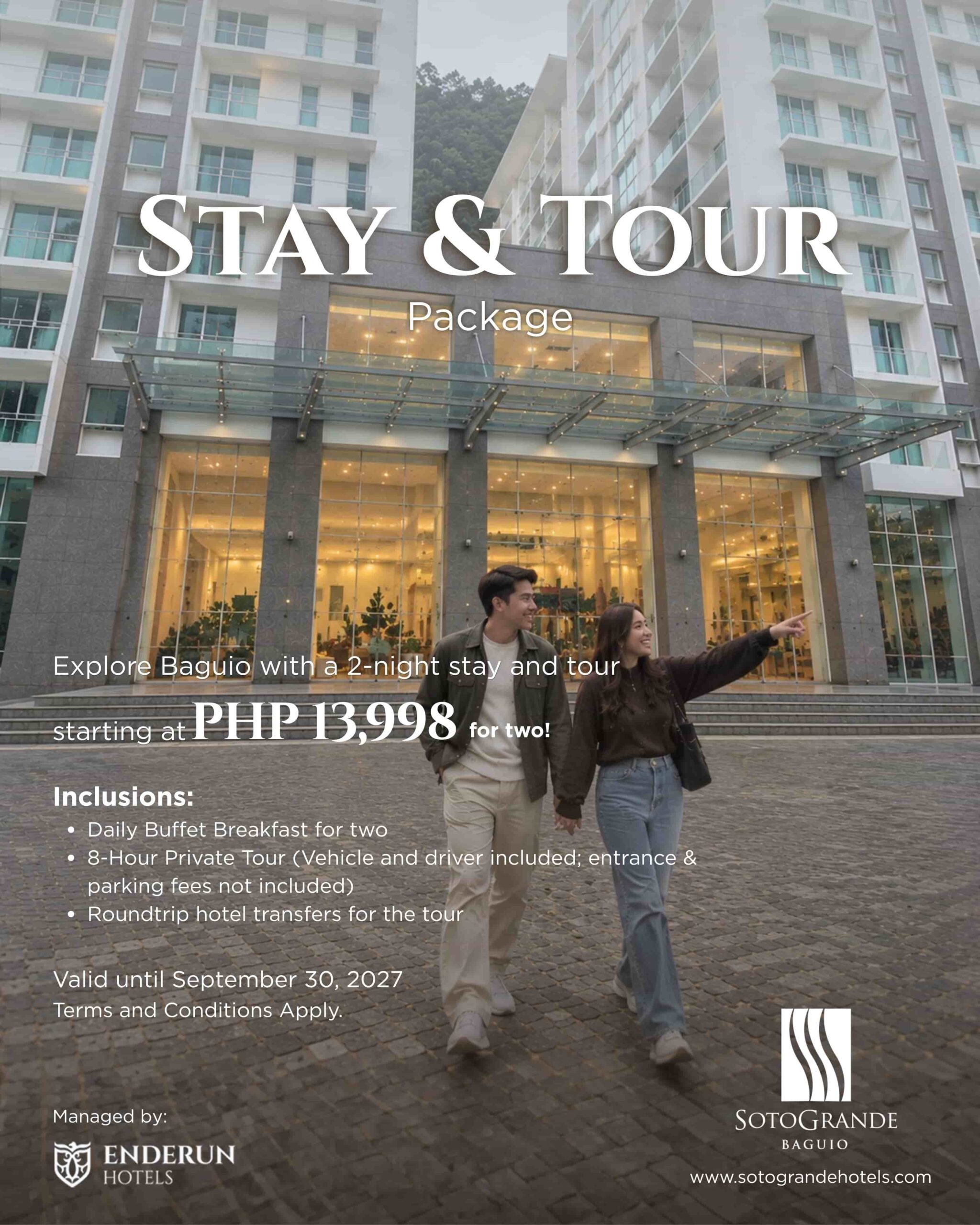 Rainy Days, Warm Stays hotel promo at SotoGrande Baguio featuring a couple enjoying hot chocolate
