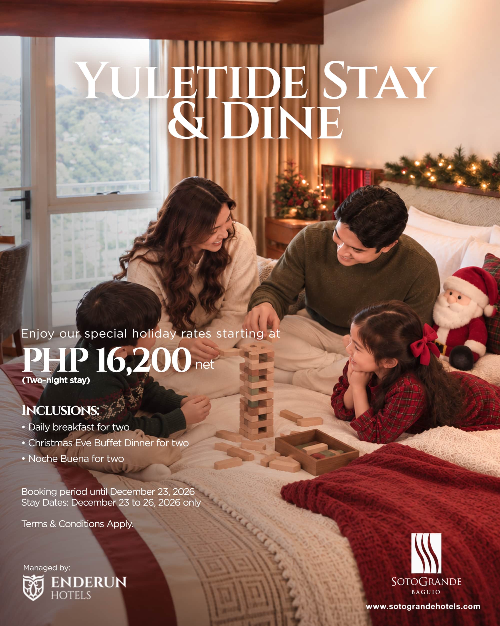 Rainy Days, Warm Stays hotel promo at SotoGrande Baguio featuring a couple enjoying hot chocolate